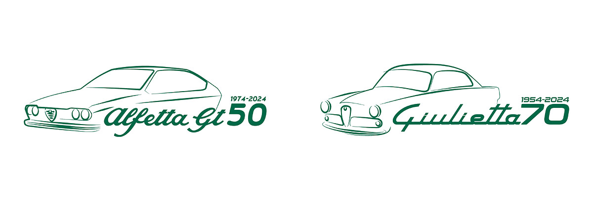 Two new “Made at the Centro Stile” logos celebrate the Alfa Romeo  Giulietta's 70th and its Alfetta GT's 50th, Alfa Romeo