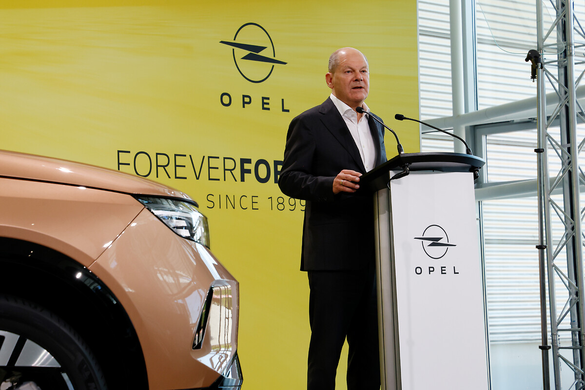 German Chancellor Olaf Scholz during his speech on the occasion of Opel’s “125 years of automobile manufacturing” anniversary at the Adam Opel Haus in Rüsselsheim