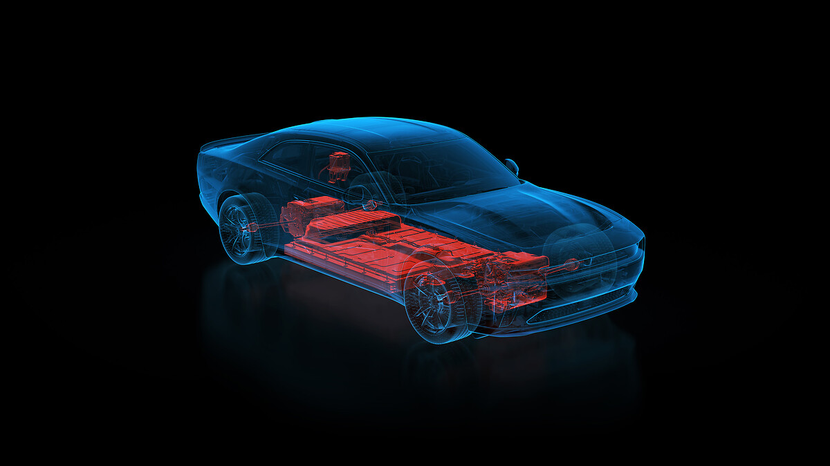 All-electric, all-wheel-drive Dodge Charger Daytona models are driven by a 400V propulsion system that delivers supercharged V-8 power with zero tailpipe emissions and instant torque response. The ghosted illustration of the Dodge Charger Daytona Scat Pack highlights the wheels, half-shafts, front and rear electric drive modules and the high voltage battery pack.